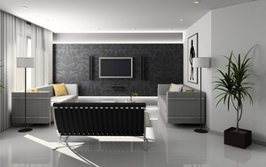 a living room with all grey furniture