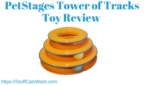 the petstages tower of tracks toy being reviewed
