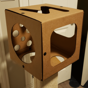 the cat box for happiness on a scratching post